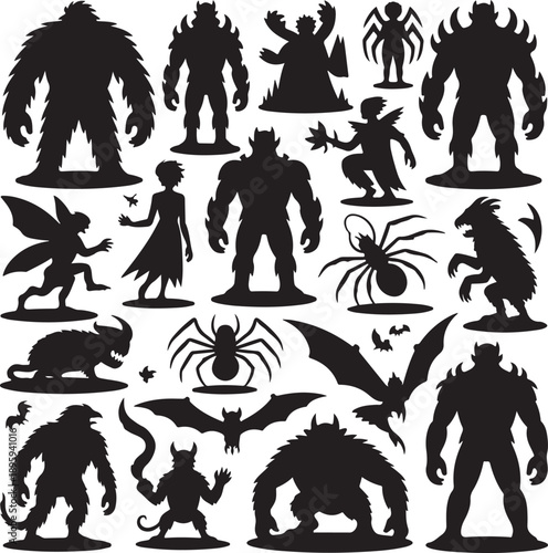 collection of various mythical creature silhouettes on white background
