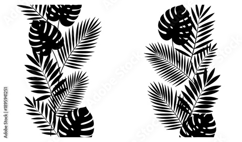 Minimal tropical floral vertical border vector illustration in black silhouette