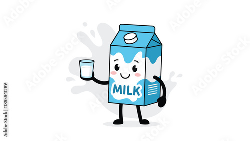 Happy cartoon milk carton character with a smiling face holding a glass of milk against a grey splash background on a white surface.