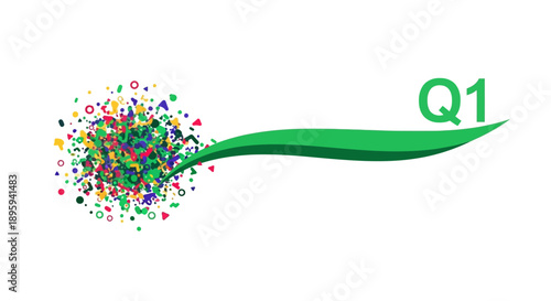 Q1 Business Quarter Start. Abstract Colorful Data Burst Flowing into Green Growth Banner. Financial Planning, Performance Report Vector Infographic.