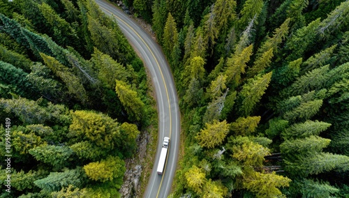 An aerial shot captures a semi-truck traversing a winding road, enveloped by a vast expanse of lush, evergreen forest