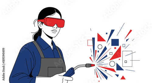 Female Technician Wearing AR Glasses Holding Welding Torch, Creating Digital Geometric Abstract Sparks. Woman in Skilled Trade, Future Industry 4.0 Concept Vector Illustration.