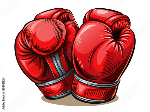 Pair of premium red boxing gloves with leather texture, detailed stitching, isolated on white background, dramatic studio lighting, ultra realistic sports gear render