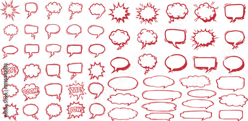 Cute Doodle Dialogue Balloons and Label Frames with Rounded Shapes, Sketchy Contours and Asymmetrical Comic Style in Monochrome Vector on Transparent Background