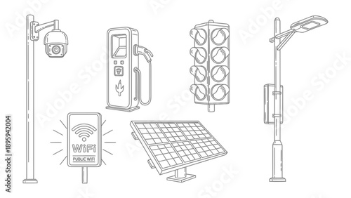 Urban Technology Collection: An array of modern urban infrastructure elements, from surveillance and traffic control to charging stations and Wi-Fi access.