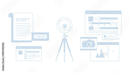 Crafting Digital Content: A minimalistic representation of the essential tools and elements involved in creating and publishing digital content.