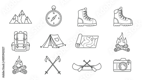 Essential Camping Gear: An assortment of camping essentials, featuring a majestic mountain, a precise compass, durable hiking boot, a comfortable backpack, a protective tent, detailed map.