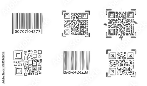 Hand-Drawn Barcode and QR Code Outline Vector Icons