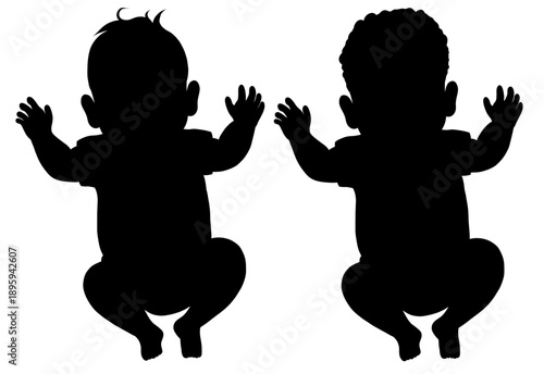 Black baby silhouette illustrations showing crawling infants with raised hands. Minimal flat style for childcare branding