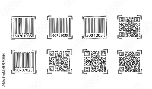 Hand-Drawn Barcode and QR Code Doodle Vector Icon Set