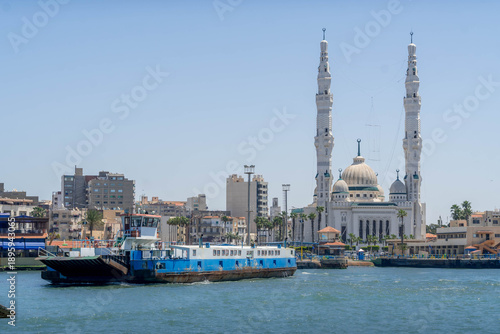 Canvastavla Suez Canal with Port Fuad Grand Mosque panorama overlooking Egypt major navigation waterway