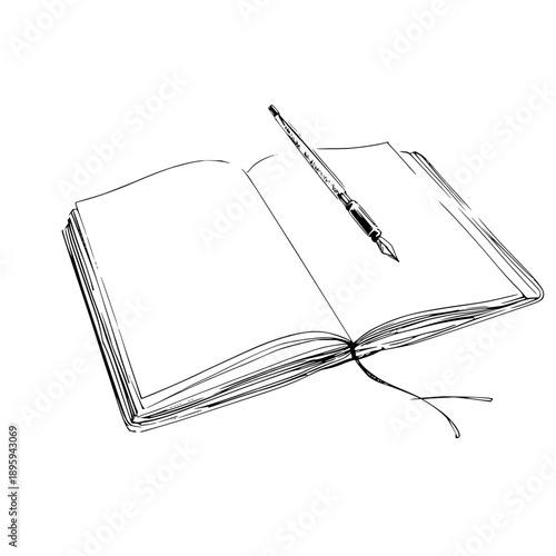 Open Notebook with Pen on White Background