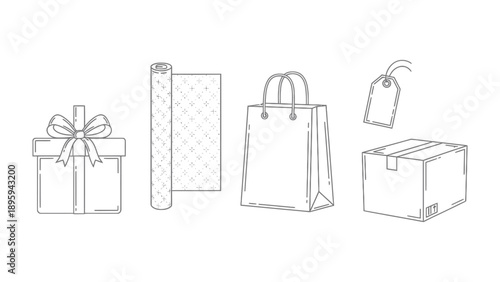 Gift items still life: A collection of various gift items, including a present box tied with a bow, a roll of wrapping paper, a paper bag, and a cardboard box.