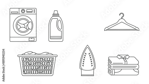 Laundry Essentials in Outline: A minimalist illustration showcases a washing machine, detergent bottle, hanger, laundry basket, iron, and folded clothes.