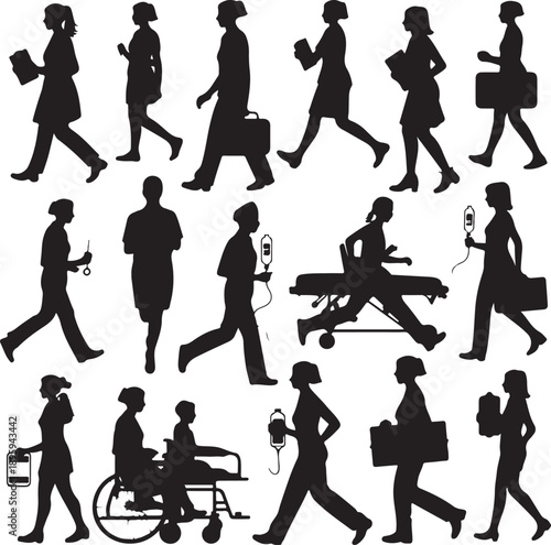 set of black silhouettes of people walking and using medical equipment