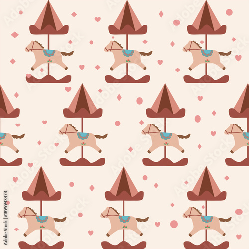Cute horse carousel and hearts seamless baby pattern