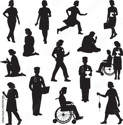 set of black silhouettes of people with various disabilities and occupations