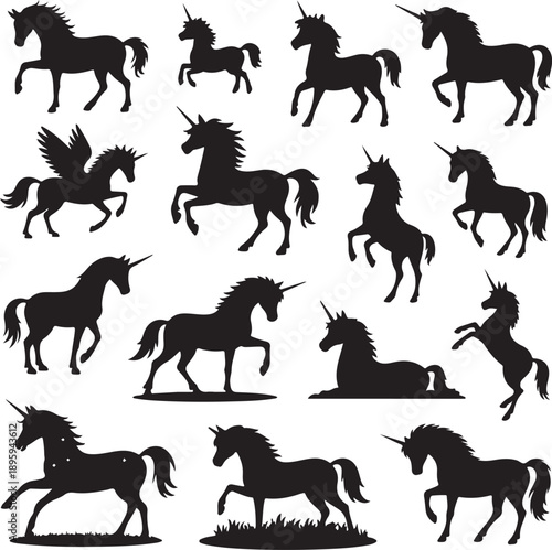 set of black silhouettes of unicorns in different poses and movements