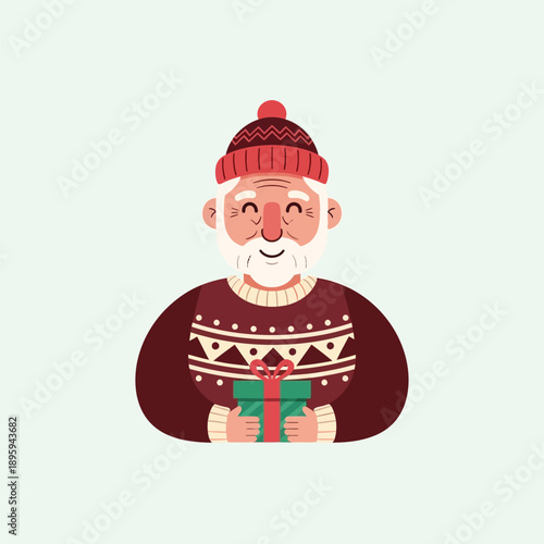 Illustration of a happy elderly man with a white beard, wearing a red knitted hat and a patterned sweater, holding a festive green gift box.