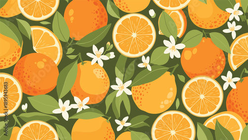 Vibrant seamless pattern featuring whole oranges, fresh citrus slices, and delicate white blossoms on a dark green background for textile design.