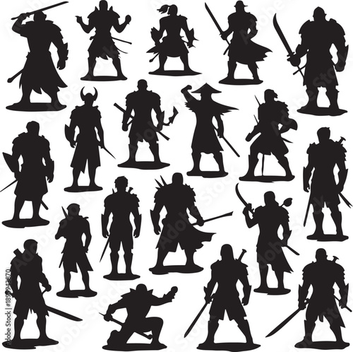 set of black silhouettes of warriors with swords and shields standing in various poses
