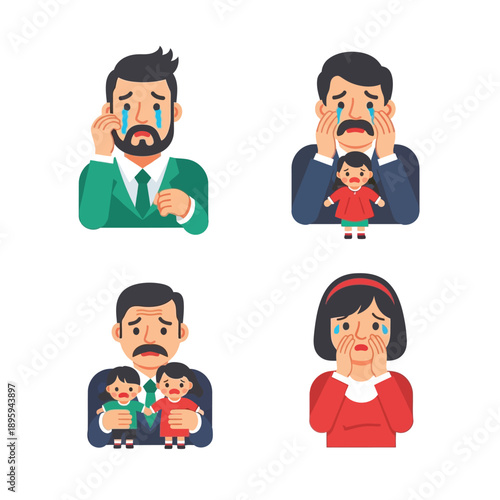 Illustrations of various people crying, expressing sadness and distress, including men holding children and a woman covering her face.