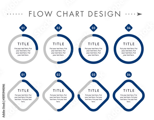 ミッドナイトブルーとライトブルーグレーの進捗表示付き円形および角丸ひし形フレーム、4段階のステップを描いたビジネス向けフローチャート・インフォグラフィックセット