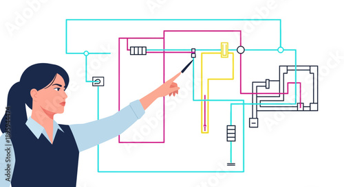 Businesswoman Pointing at Technical Schematic Diagram. Engineering Woman Explaining Circuit or Workflow Analysis.