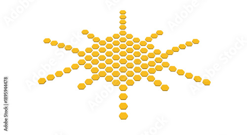 3D Golden Hexagon Sunburst. Abstract Geometric Honeycomb Pattern Forming Energy Star. Tech, Data, and Connectivity Logo Icon.
