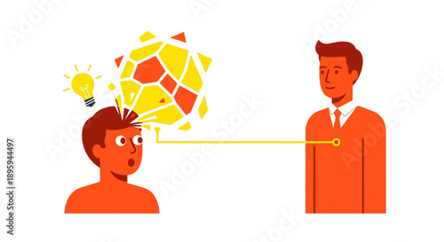 Idea Transmission and Knowledge Transfer Between Two Business People. Conceptual Sharing, Eureka Moment, and Creative Collaboration Illustration.
