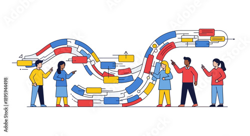 Business Team Analyzing Complex Workflow Flowchart. Diverse Group Discussing Data Roadmap, Strategy, and Process Management Line Art Illustration.