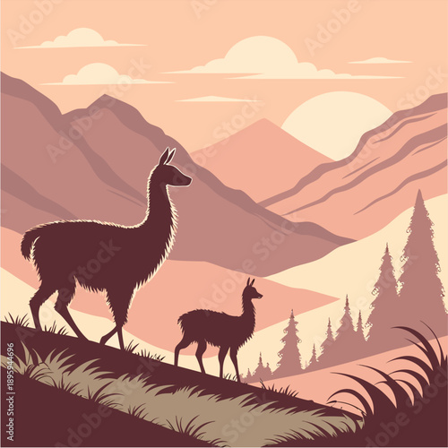 "Sunset Mountain Landscape with Llamas Silhouettes"