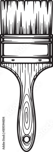 A detailed wood handle paint brush with bristles, showing textures and contours, in a black and white line art style
