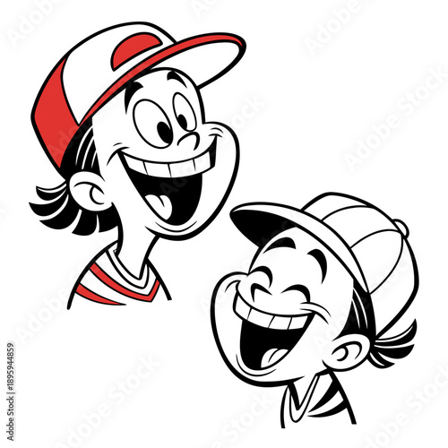 "Cartoon Kids Laughing in Baseball Caps"