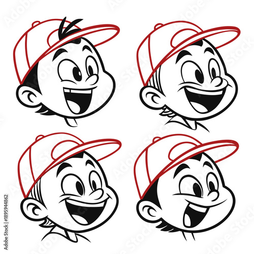 "Cartoon Boy Faces Set with Red Baseball Cap"
