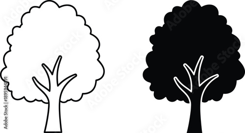 Two Simplified Tree Icons One Black Silhouette and One Black Outline Drawing Style