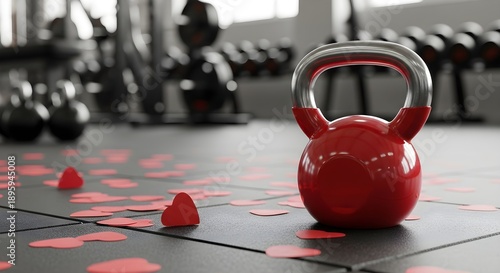 Red Kettlebell in a Gym with Heart-Shaped Confetti Ready for a Valentine's Day Workout