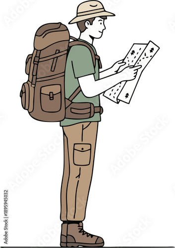 Solo Male Backpacker Hiker Reading Map Side View Flat Line Art Vector with Hat Cargo Pants Boots