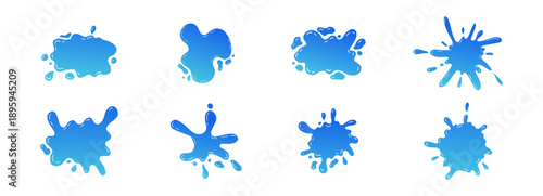 Water puddle splash frame, liquid shape with drops, abstract blob. Uneven wavy border edge set, paint, puddle, stain, rounded blot with splashes droplets.