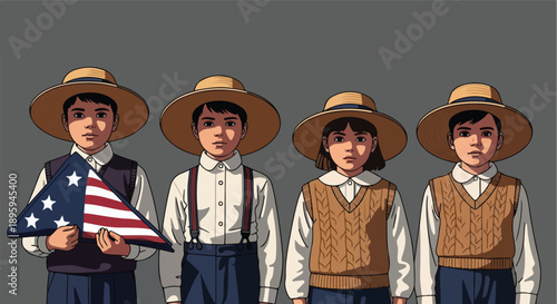 Illustration of four children in vintage clothing, one holding a miniature American flag, standing against a gray background on Harriet Tubman Day in March.