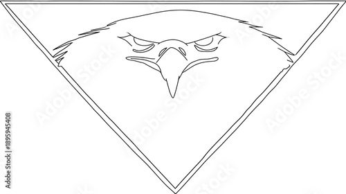 A fierce eagle's head within a triangular frame, rendered in stark black and white lines