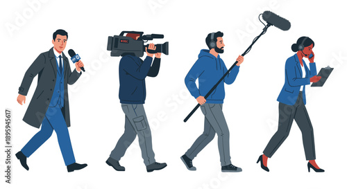 News crew walking together to report news vector illustration