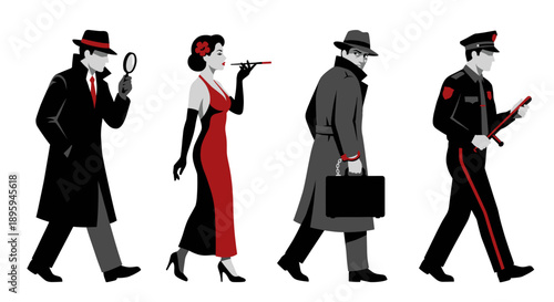 Noir mystery characters set walking vector illustration
