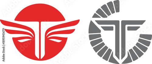 Abstract wings symbol abstract face logo red and grey versions stylized geometric shape iconic emblem modern artistic design futuristic identity branding