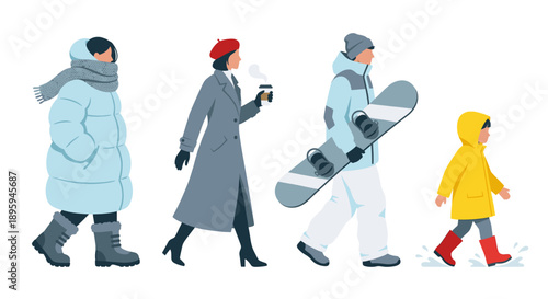 People in seasonal winter clothing walking vector illustration