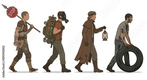 Post-apocalyptic survivors walking with scavenged gear vector illustration
