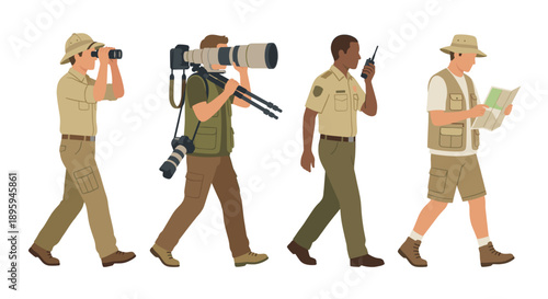 Safari team walking with expedition gear vector illustration