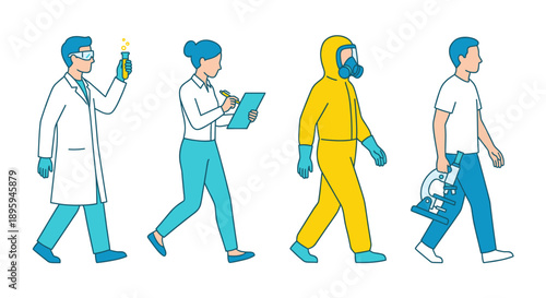 Science team walking with lab equipment vector illustration