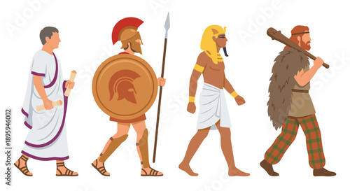 Ancient historical characters walking in profile vector illustration