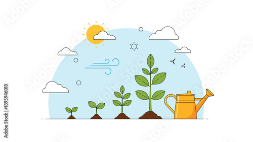 Growth stages of a young plant from a tiny sprout to a leafy stalk next to a yellow watering can on a sunny day background for gardening.